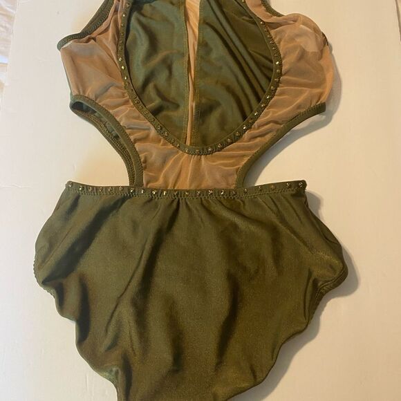 Custom solo dance costume leotard embellished olive green gold rhinestone SA - Picture 4 of 13